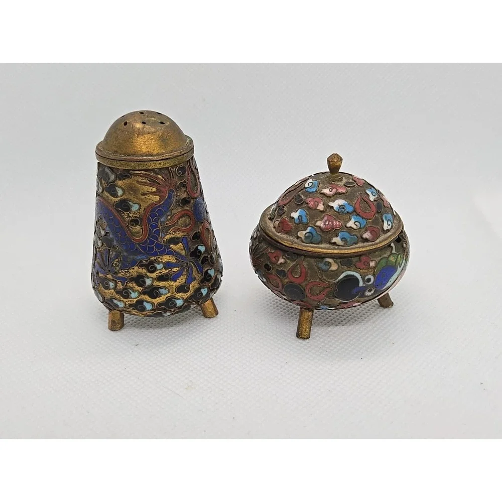 Vtg Cobalt Cloisonne Lidded Mustard Pot & Salt Cellar Set Dragon Motif‎ Chinese